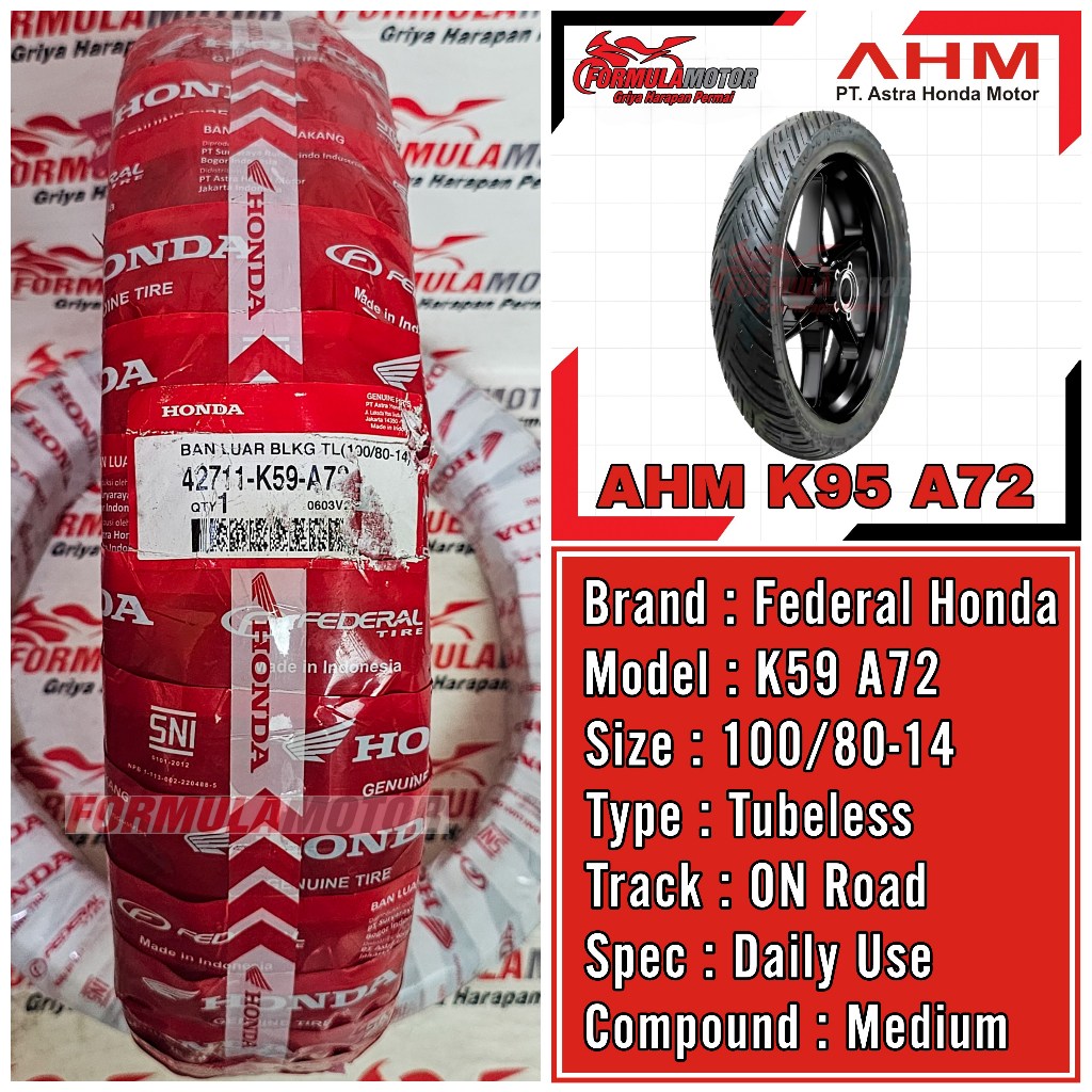 100/80-14 Federal Honda AHM K59 A72 Ring 14 Tubeless - Ban Belakang Vario-150/LED Tubles