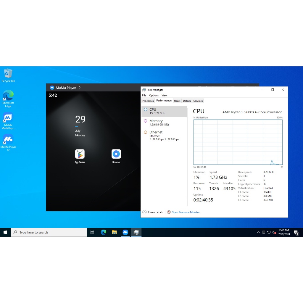 AMD Ryzen 5 5600X BARE METAL RDP ,Sup Emulator,Bot,OBS, Spek 12 CPU  4.6Ghz Turbo Boost 64GB RAM