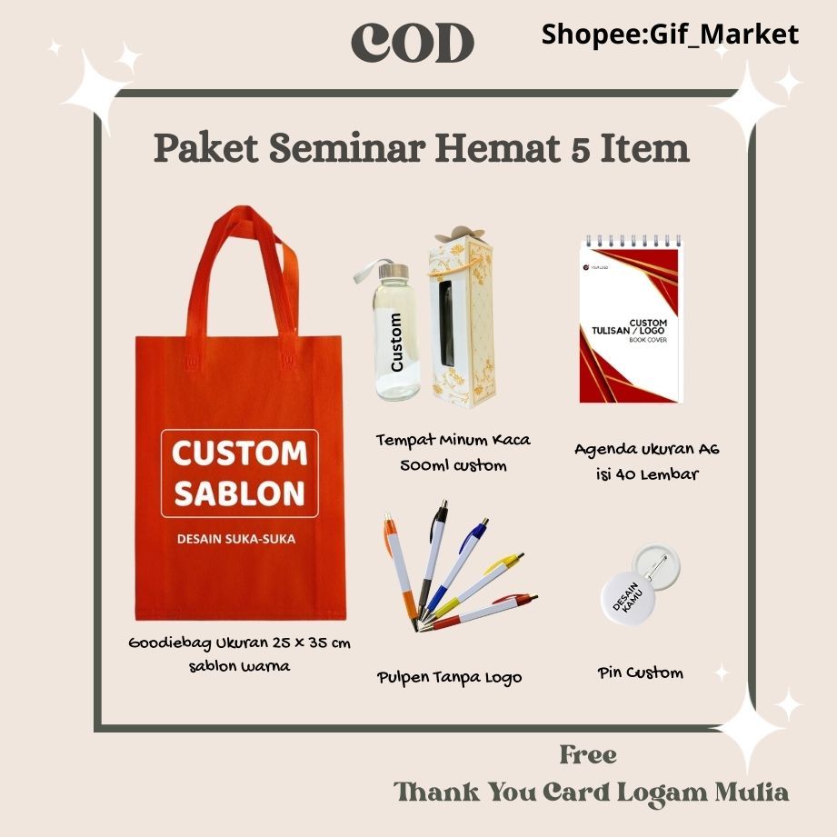 

Paket Seminar | COD | Free Ongkir | Souvenir | Goodiebag | Pulpen | Notes | Notebook | Murah | Custom | tempat minum | Pin |