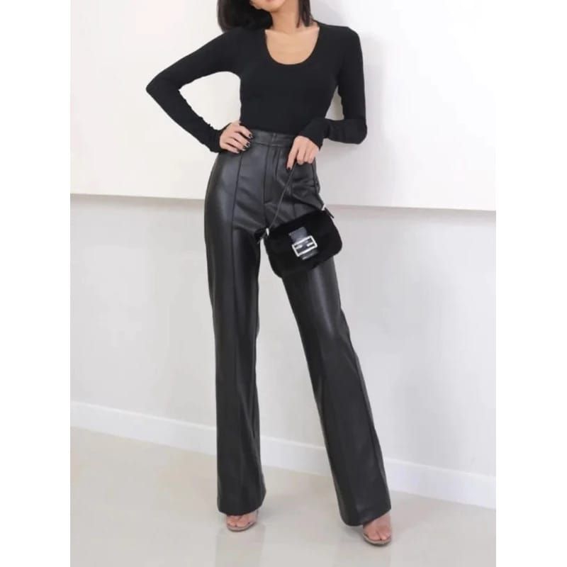 Celana Kulit Wanita / Pants Leather Stripped Mode