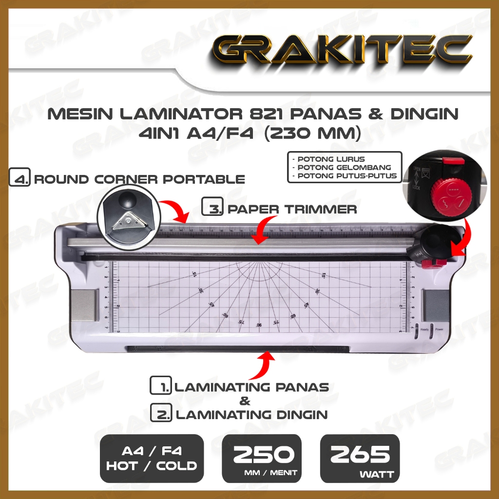 

Mesin Laminating A4/F4 4in1 (230mm) 821/822/825 Fitur Combo Laminating + Paper Trimmer + Emergency Button pku