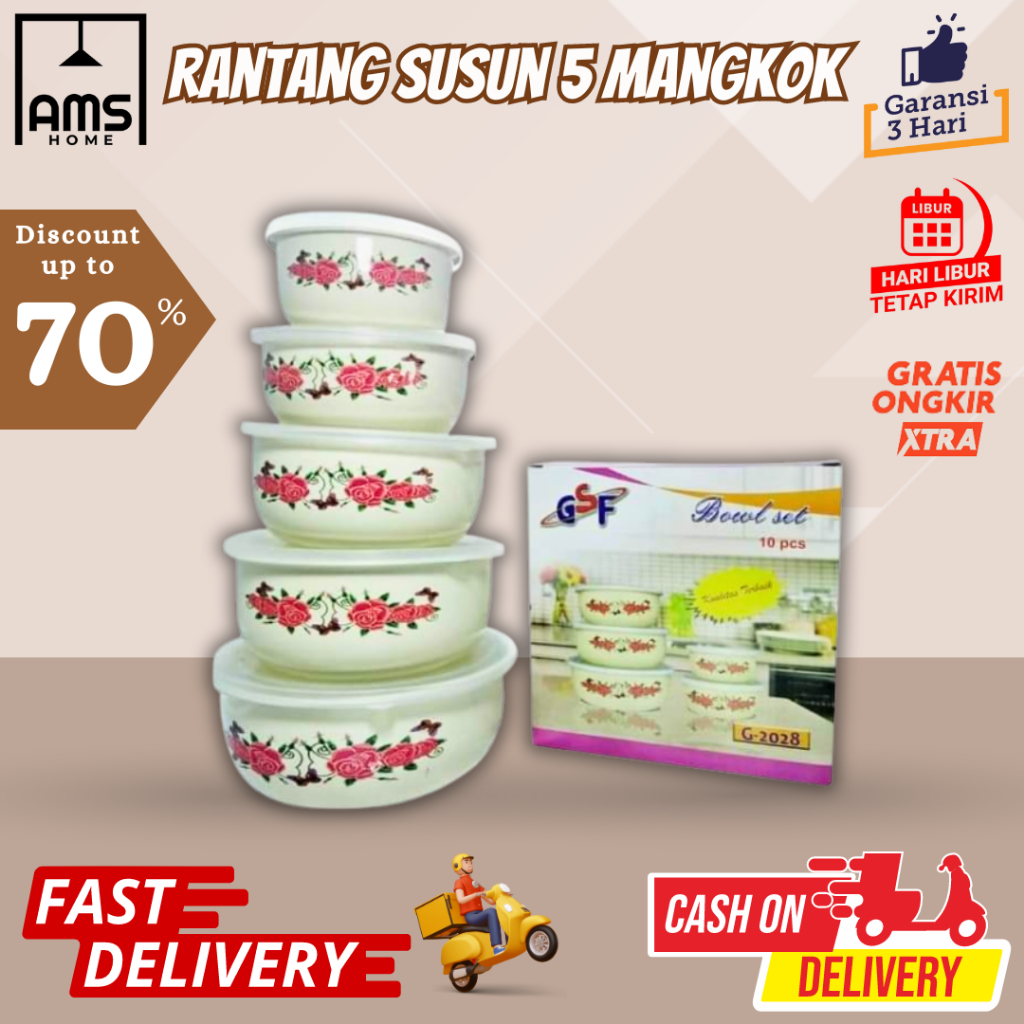RANTANG SUSUN 5 MANGKOK SET BERANAK GSF MANGKUK PENYIMPANAN MAKANAN MOTIF BUNGA GSF / RANTANG SUSUN 