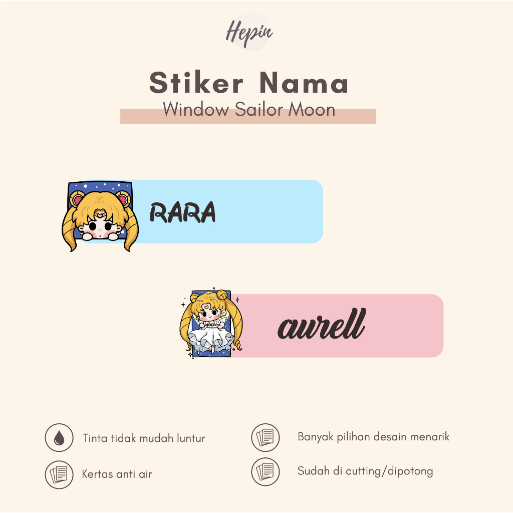 

(90 - 120 pcs) label nama Lucu Window Anime SAILOR MOON / Stiker Nama Anak Murah / Label Nama Custom/cutting stiker nama anda