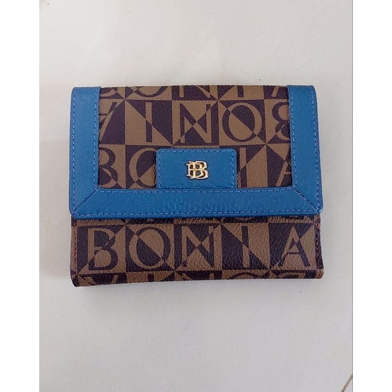 Dompet Bonia Original lipat 3 mini monogram list blue