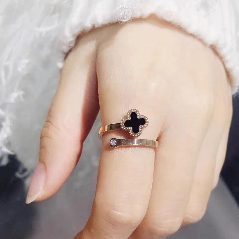 Cincin Titanium Clover Rose Gold Permata Berkilau Cincin Titanium Asli Cincin Wanita Korea Model Ter