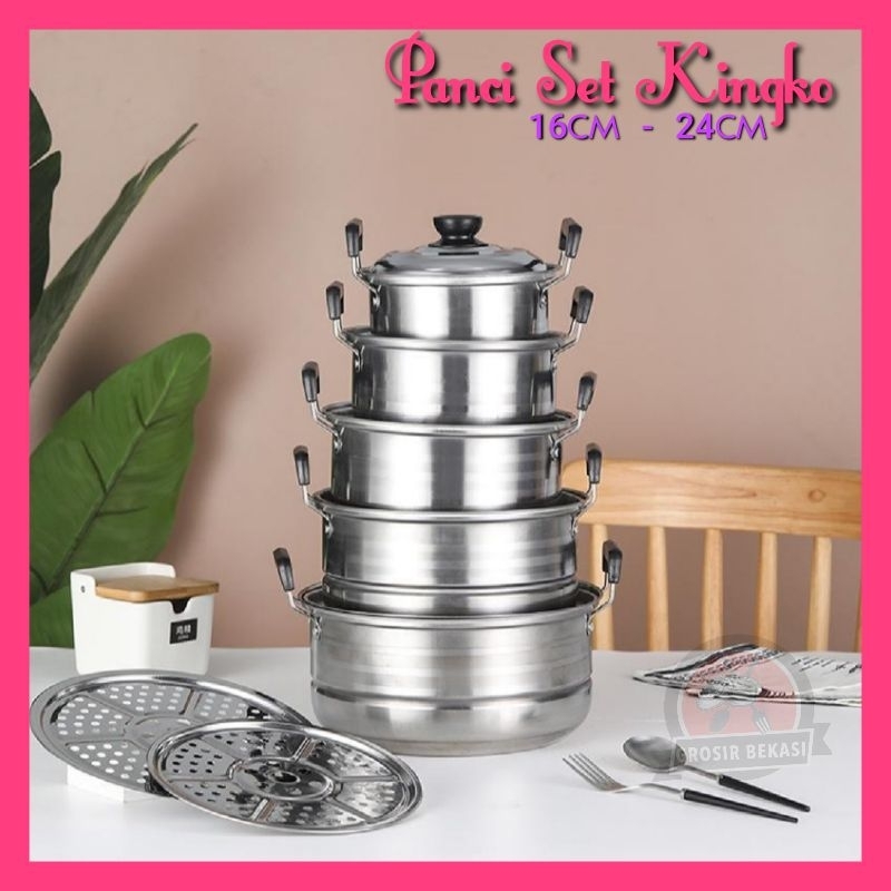 Panci Set Kingko 555 Panci Set Stainless Panci Set Steamer  Highpot Kingko 555 isi 5 plus 2 saringan