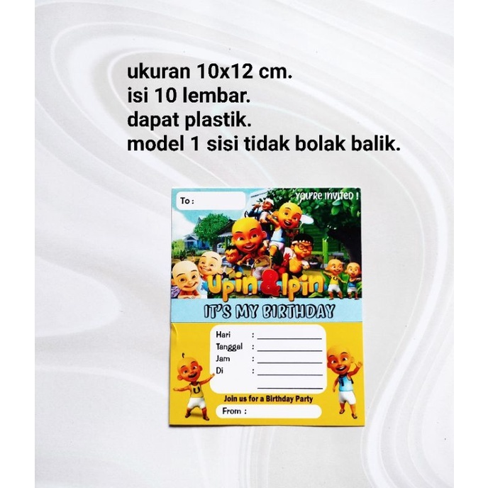 isi 10 lembar kartu undangan ulang tahun karakter upin & ipin / upin dan ipin