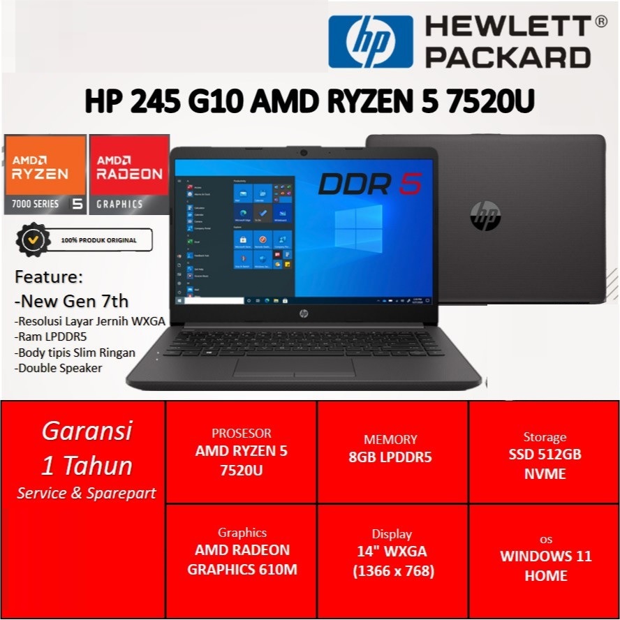 Laptop HP 245 G10 Ryzen 5 7520U 8GB SSD 512GB Win11