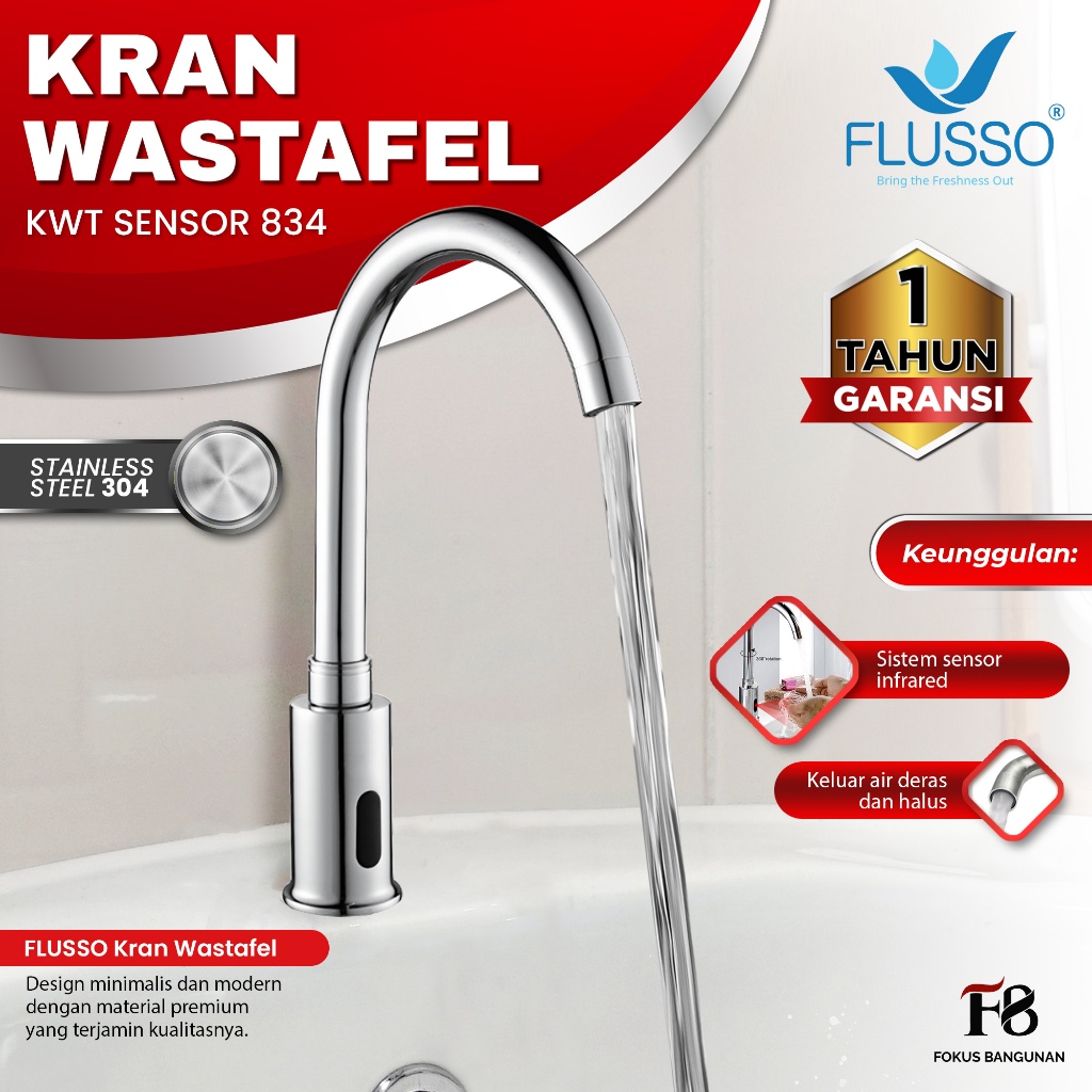 Flusso Kran Sensor Wastafel Otomatis Kran Angsa Wastafel Sensor Stainless 834