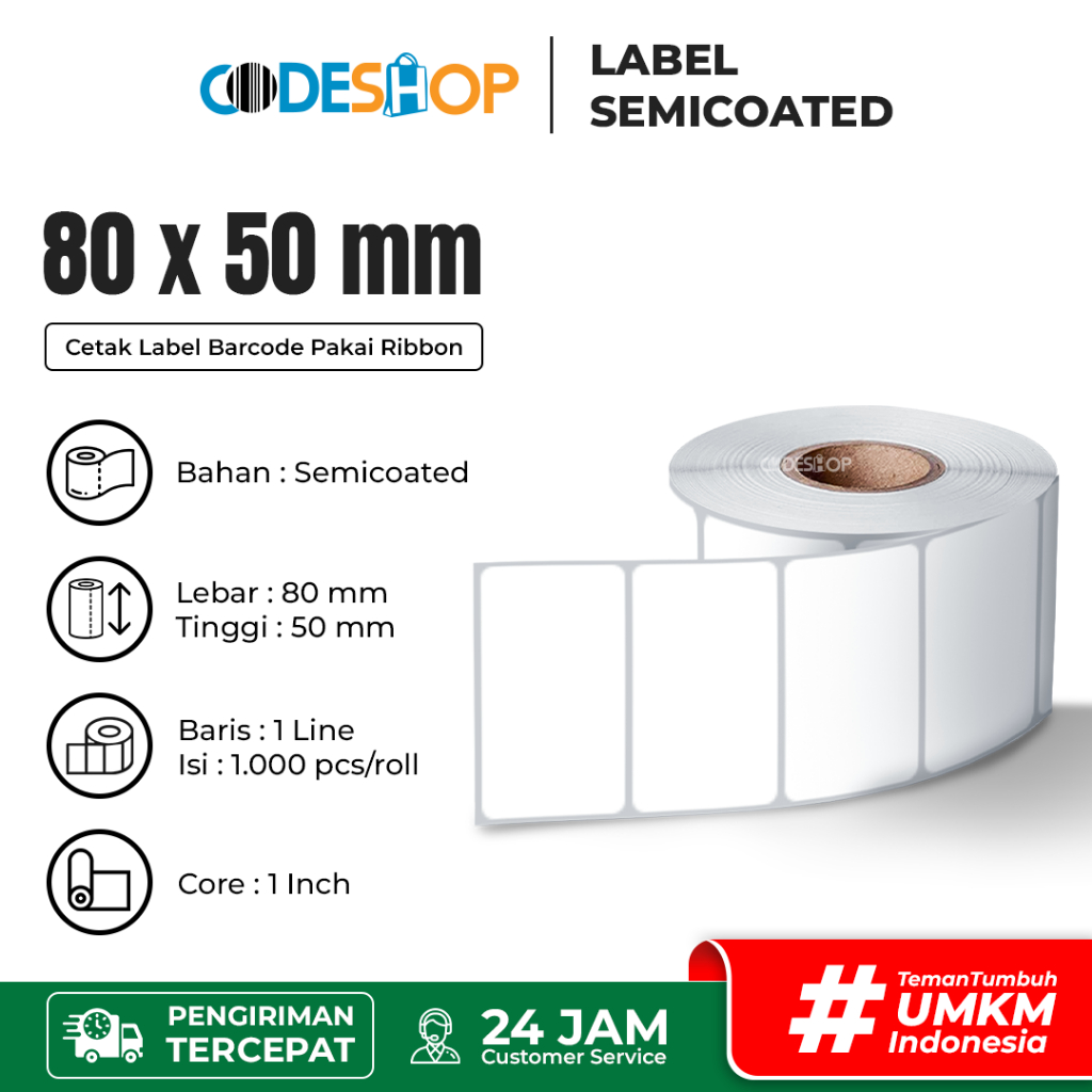 

Label Semicoat 80x50 mm Stiker 1" core Printer Barcode Zebra Gprinter