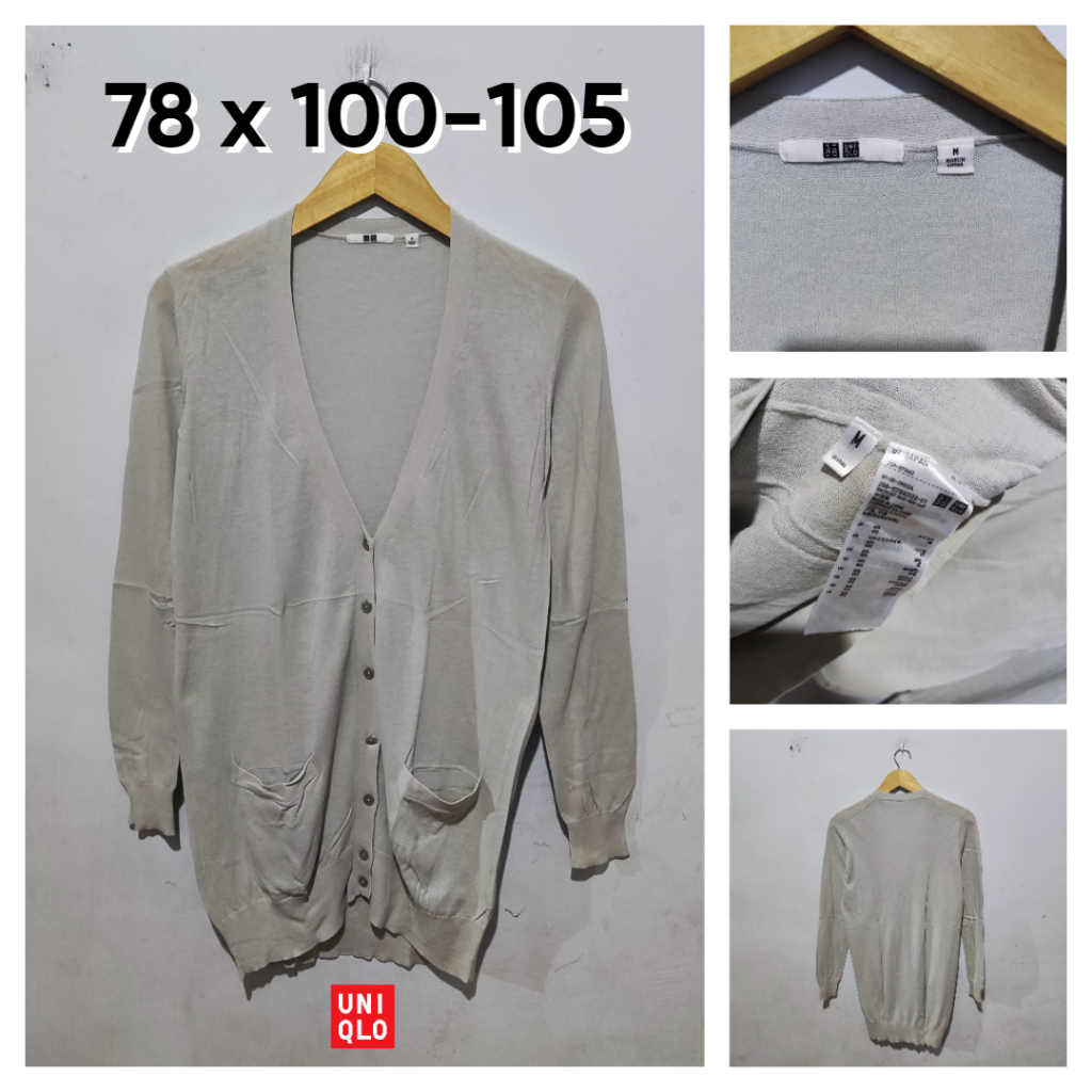 Cardigan Panjang UNIQLO Soft Abu V Neck Size M Wanita Atasan Cewek Outer Pocket Sweater BC841