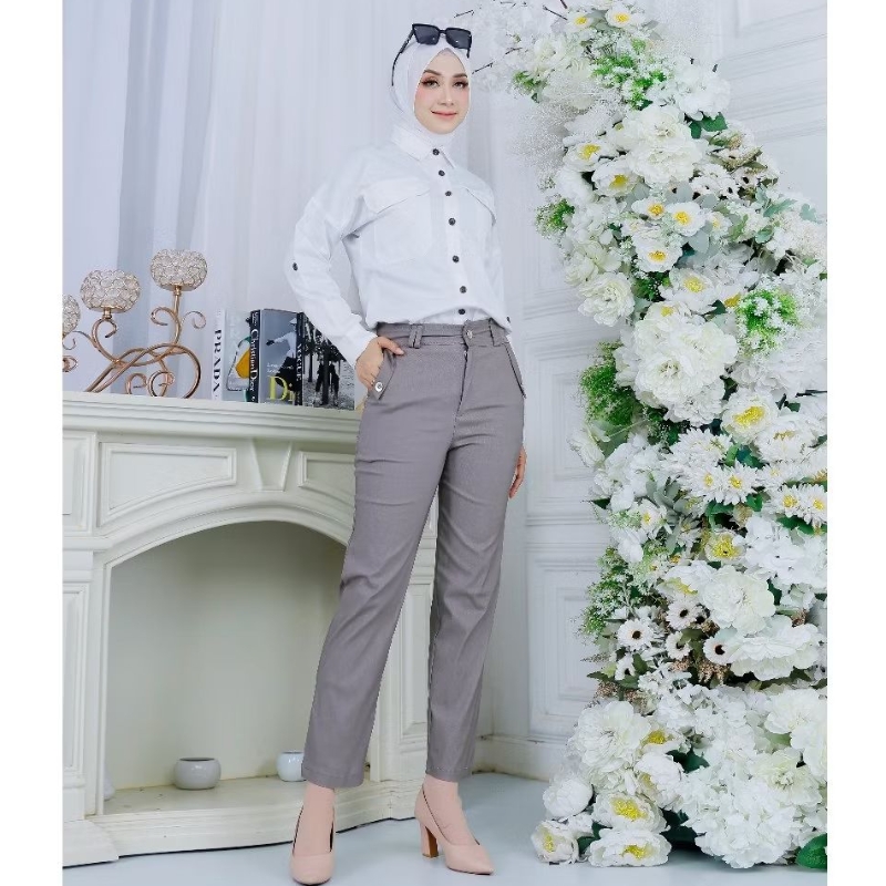 Celana Panjang Hightwaist Wanita Formal Kerja SOFT JEANS Cocok Buat Healing Party Its Okey - Grey