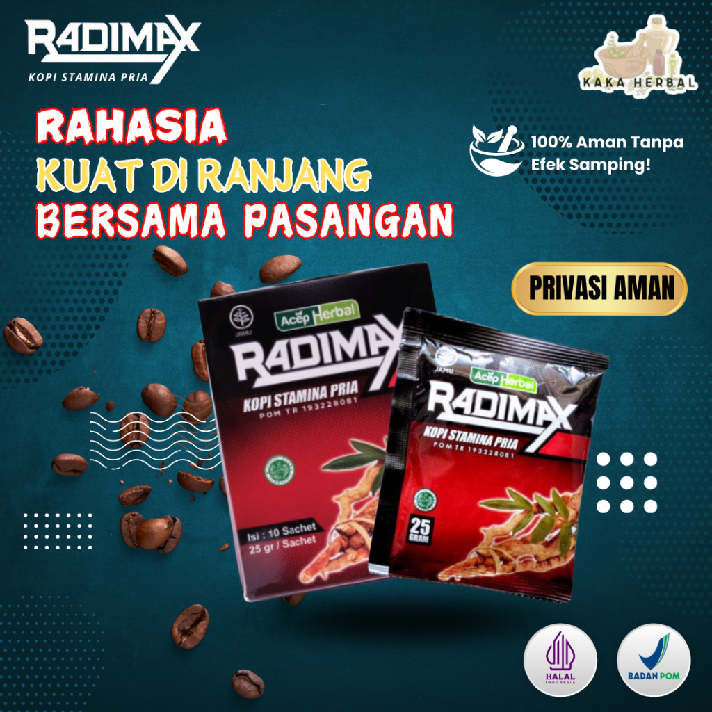 

RADIMAX KOPI STAMINA PRIA AMAN SUDAH BPOM & HALAL 1 Box isi 10 Sachet @25 Gram