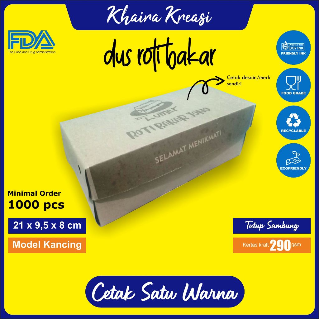

Cetak Custom Dus Roti Bakar, Box Roti Bakar, Kotak Roti Bakar, Cetak 1 Warna Ukuran 21 x 9,5 x 8 cm, Kertas Kraft 290 gsm