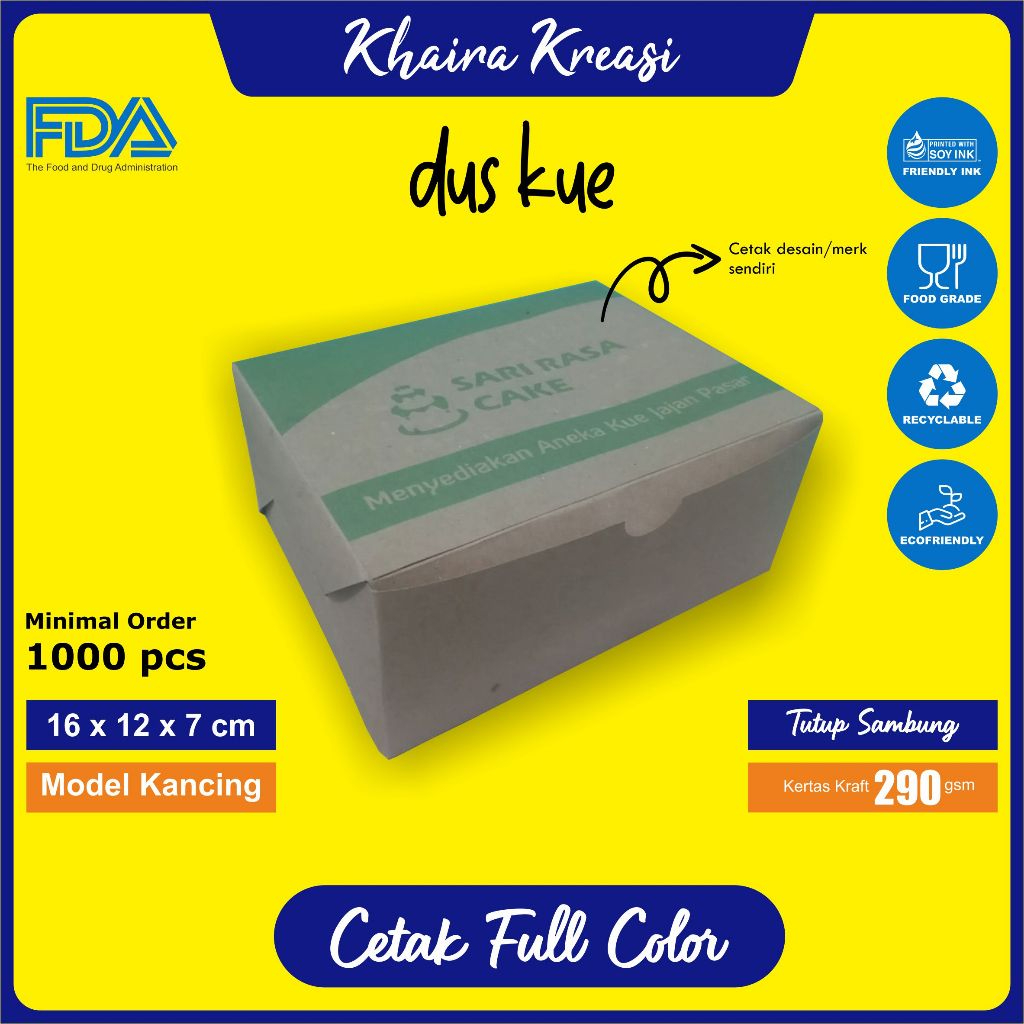 

Cetak Custom Dus Kue / Box Kue / Kotak Kue / Snack Box / Ukuran 16x12x7 cm Minimal 1000 pcs / Cetak 1 Warna