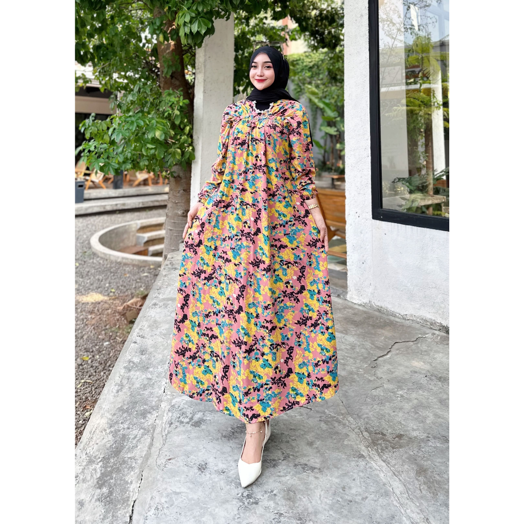 New Gamis Rayon Wanita Exlusive Motif Bunga Abstrak Batik Arza Fashion |