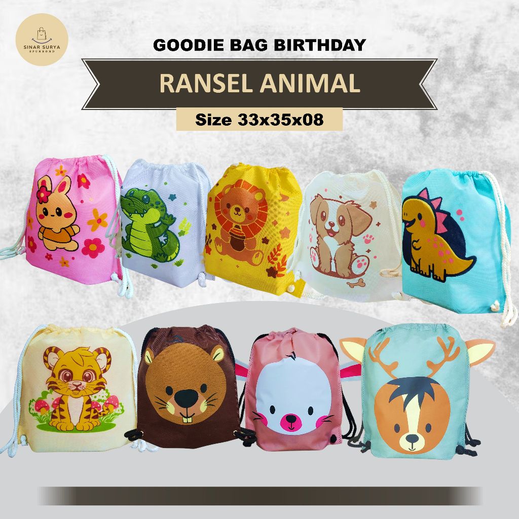 

[BISA CUSTOM] Goodie Bag Birthday Snack Tas Spunbond Ultah Ransel Motif Binatang Tas Ransel Serut Tas Sovenir Ulang Tahun 33x30x08