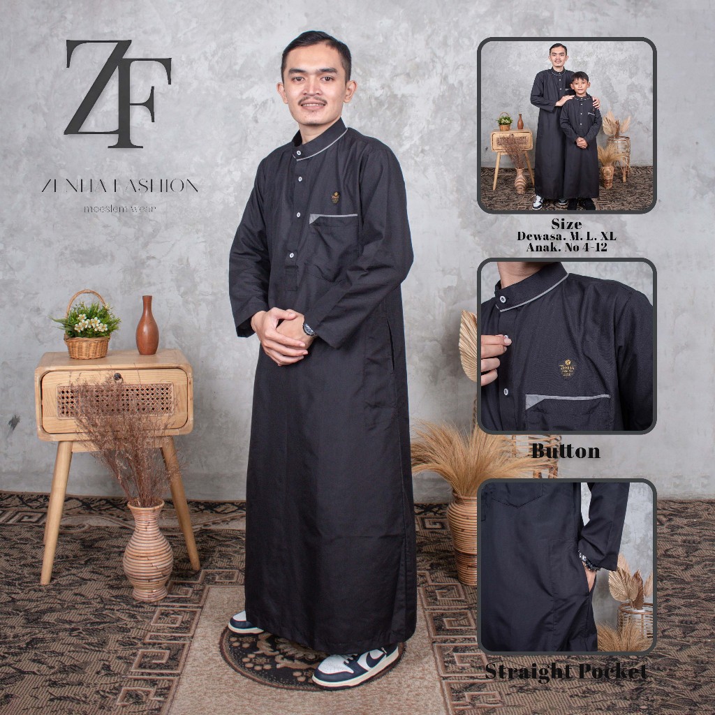 Jubah Gamis Pria Muslim Dewasa List Kerah Lengan non Manset Jubah Santri Jubah Arab