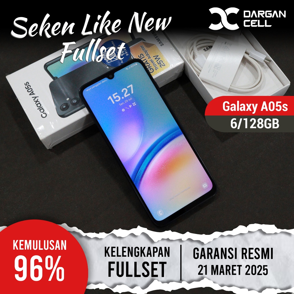 SEKEN LIKE NEW SAMSUNG A05s 6/128GB FULLSET MULUS SECOND GARANSI RESMI. WARNA BLACK