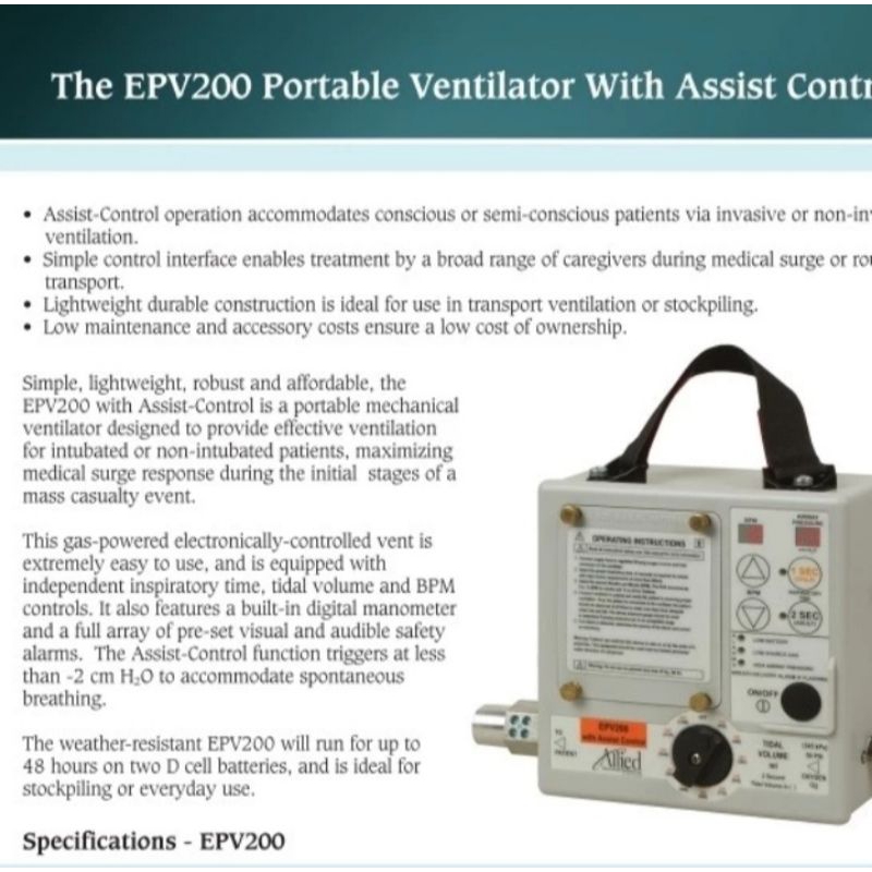Ventilator Allied Epv-200-Ventilator portable allied