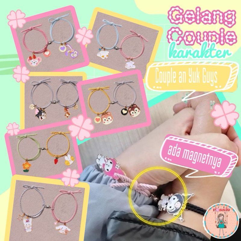 2 Pcs Sepasang Gelang Gelang Couple Magnet/Tali Karet Magnet Desain Astronot Kuromi Cinnamoroll Untu