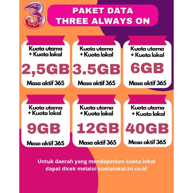 DATA TRI AON MASA AKTIF 1 TAHUN BONUS LOKAL 24 JAM