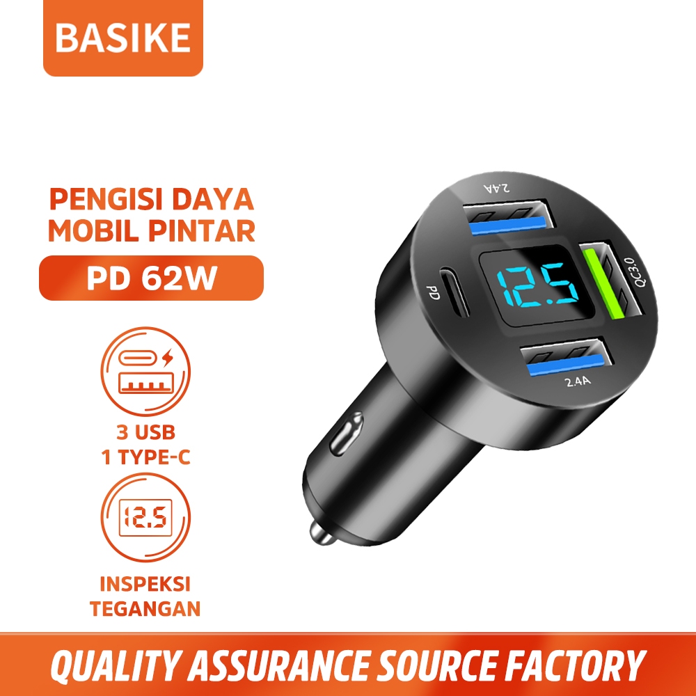 BASIKE Car Charger Colokan Mobil Motor 4 Ports USB Type C Fast Charging 62W LCD Mini Murah universal