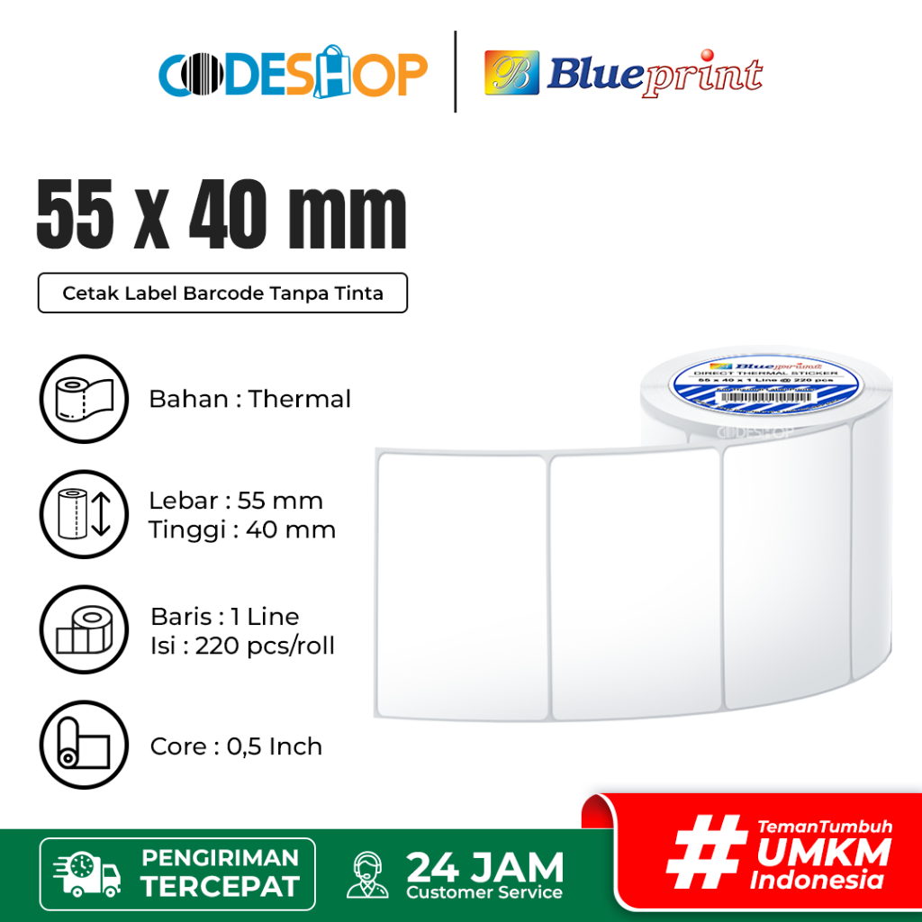 

Label Thermal Blueprint 55 x 40 / 55x40 mm / 55x40mm untuk Printer Bluetooth