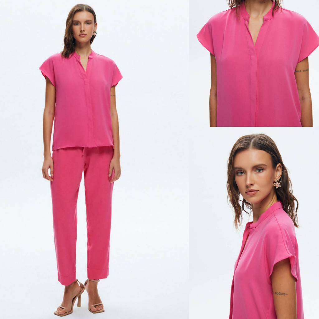 V*eha women short sleeve pink v-neck blouse/blouse wanita branded original/blouse wanita terbaru