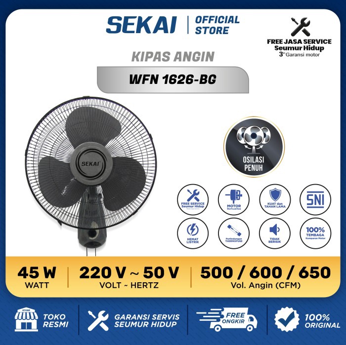 DISCOUNT TODAY Sekai Kipas Angin Dinding WFN 1626  16 Inchi  Hitam
