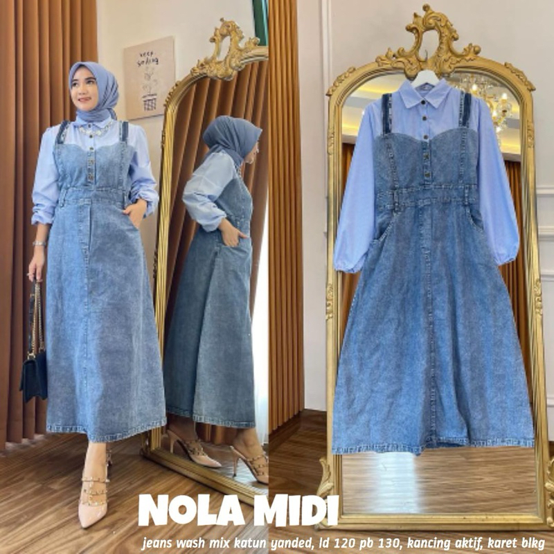 NOLA MIDI JEANS WANITA NARESWARI DRESS THALITA DRESS JEANS MIX COTTON DRESS JEANS KEKINIAN MIDI JEAN