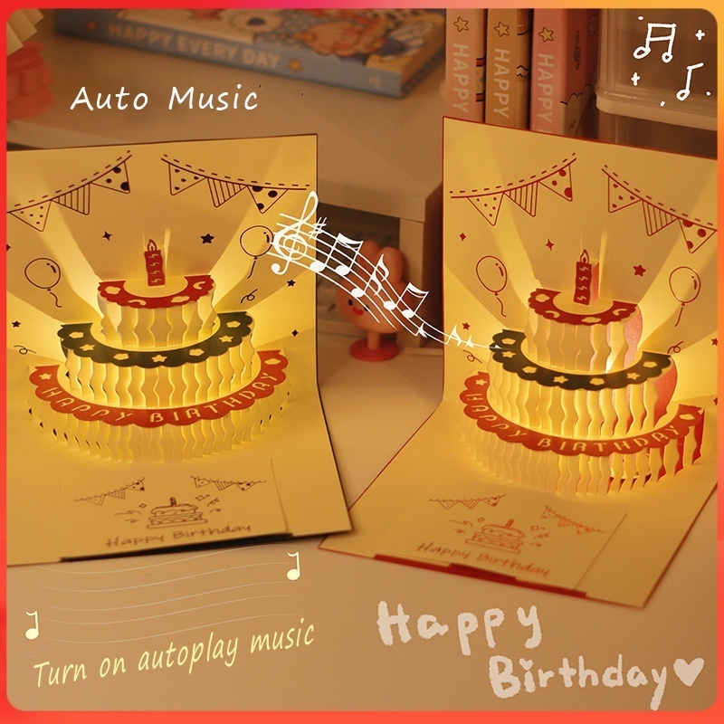 Kartu ucapan lampu musik Greeting card 3D Pop Up Kartu Ucapan Pop Up Lampu Musik Card Musik Kue Ulan