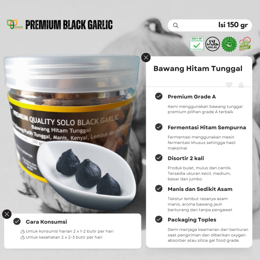 

Bawang Hitam Tunggal Black Garlic Netto 150g 250g 500g Grade A Toples Terlaris