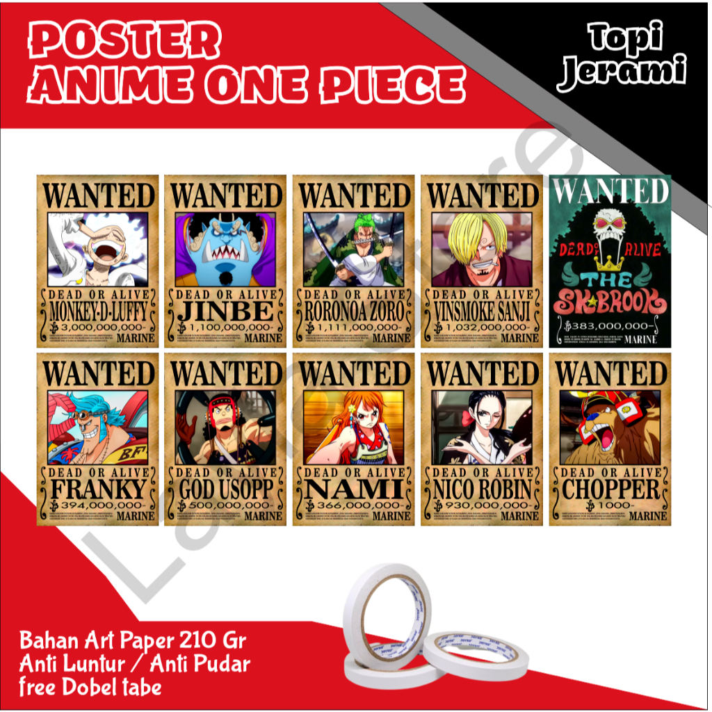 

Poster One Piece Terbaru Bounty One Pice ukuran A4 full Cetak 210 gr-230 gr Isi 10 Plus Dobel Tabe Dibelakang Poster