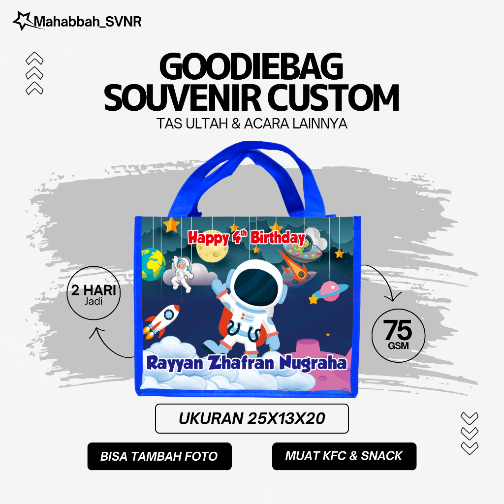 

Tas Sovenir Ultah Motif Astronot bisa custom gambar dan pilih warna