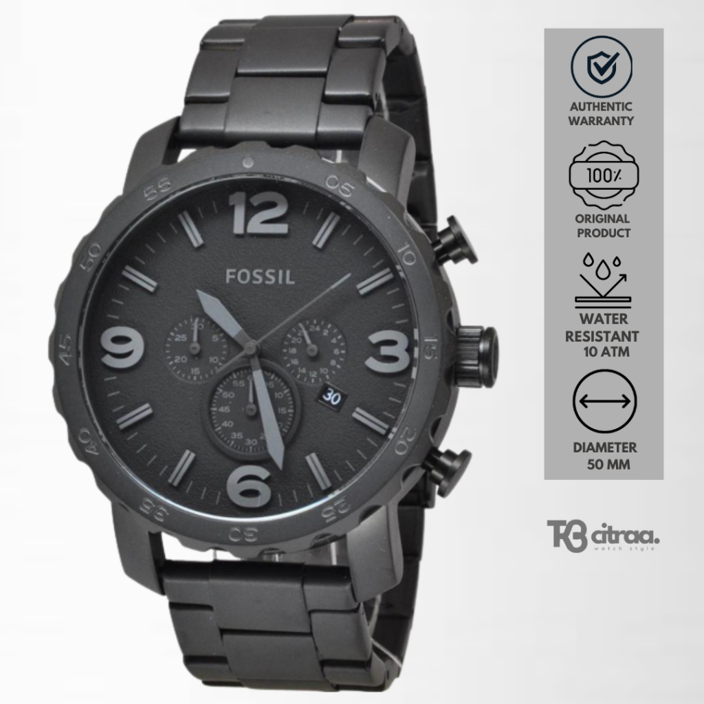 jam tangan fashion pria Fossil men Nate analog strap rantai hitam cowok Chronograph Black Stainless 