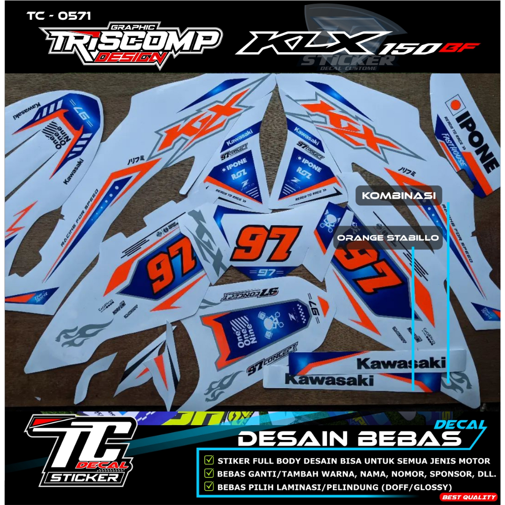 Decal Motor KLX BF 150 new motif putih list flo kuning stabillo kombinasi stiker timbul bisa reques 