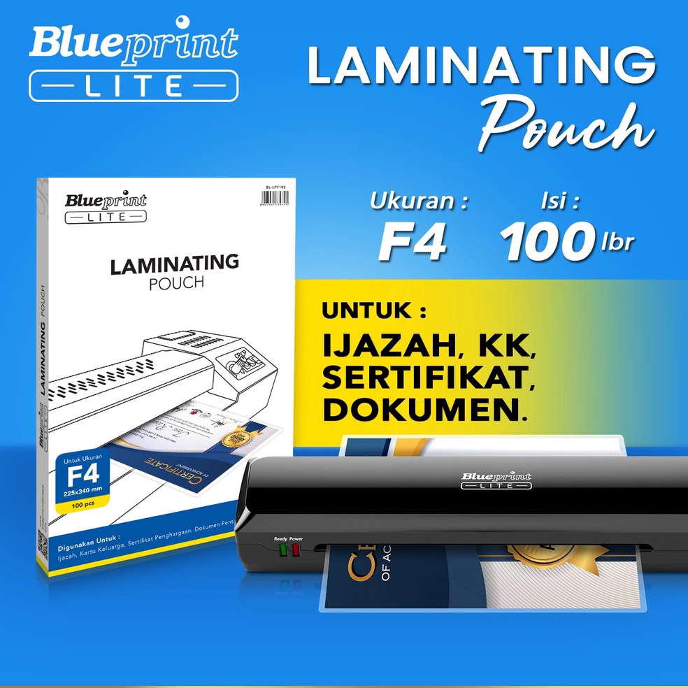 

KODE F52Q Plastik Laminating Pouch Film Panas BLUEPRINT Lite F4 Isi 1 pcs