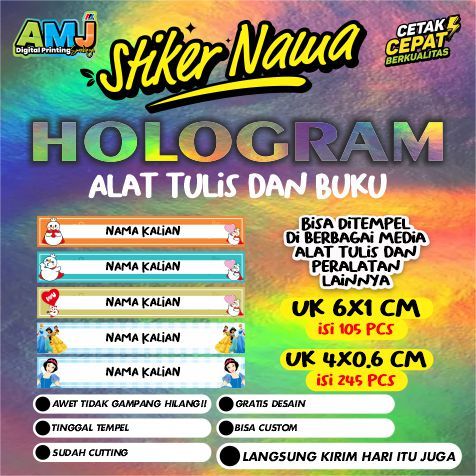 

Isi 245 pcs_Stiker Nama Alat Tulis Anak HOLOGRAM Waterproof Anti Air