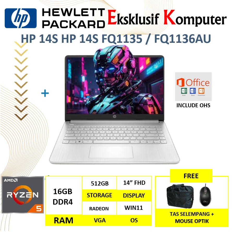 Laptop HP 14s FQ1135AU/FQ1136AU Ryzen 5 5500U RAM 16GB SSD 512GB 14" Full HD IPS  Windows 11+OHS