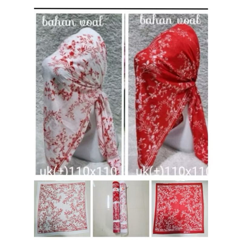 Hijab segiempat motif merah putih // hijab segi empat motif bahan voal // hijab segi empat merah put