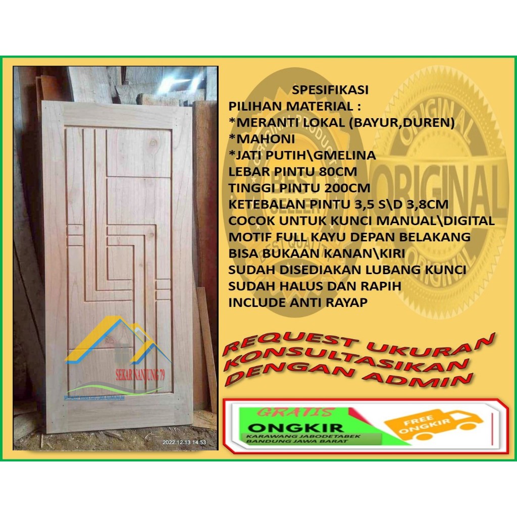 KUSEN+DAUN PINTU UK 80X200CM KAYU MAHONI PERHUTANI,JATI PUTIHGMELINA