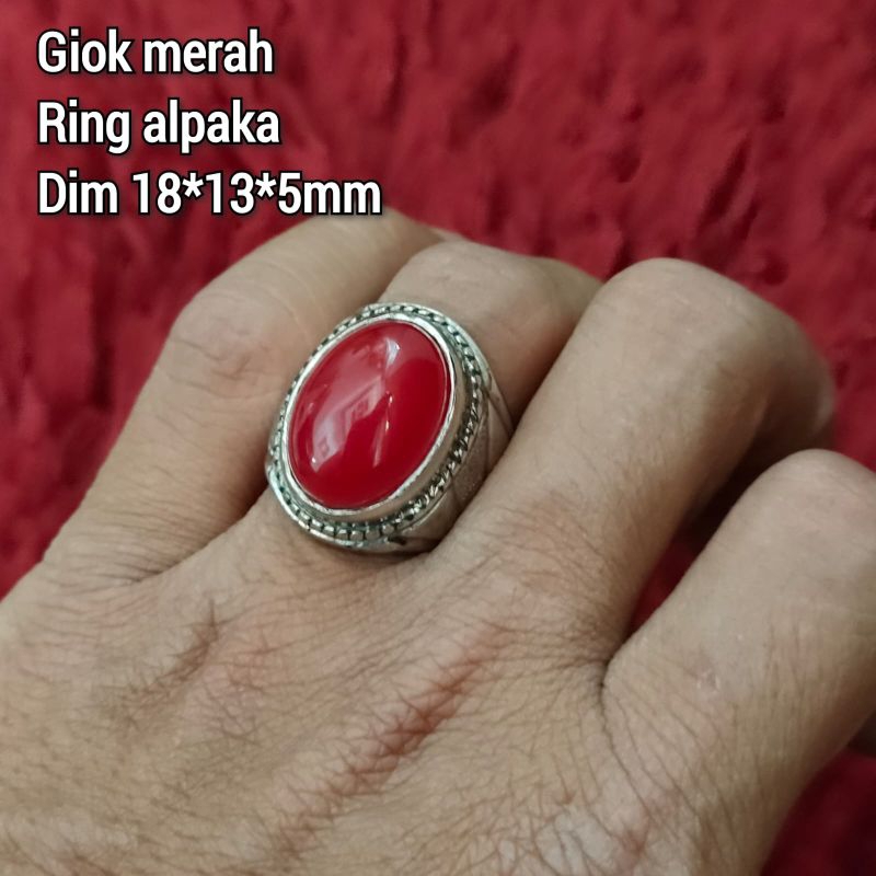 CINCIN PRIA BATU GIOK MERAH RED BARON SERAT DALAM RING ALPAKA