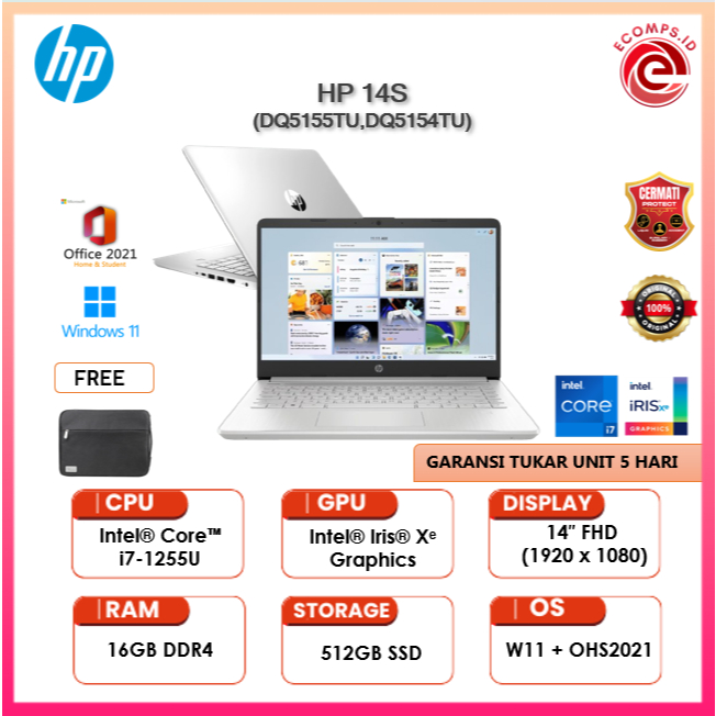 Laptop HP 14s-DQ5155TU/ DQ5154TU i7-1255U SSD 512GB Iris XE 14" FHD IPS W11 OHS - RAM 8/16GB