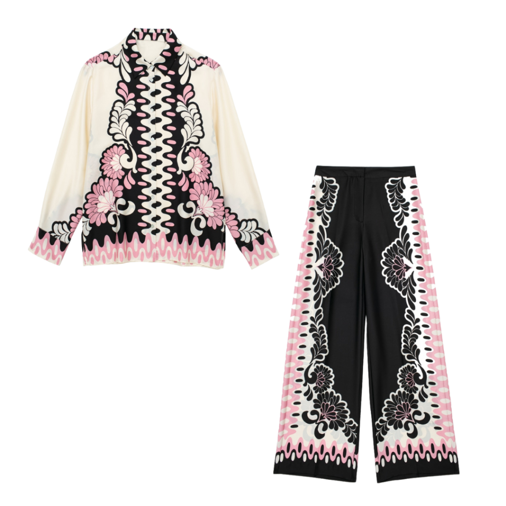 Setelan Kemeja Celana Panjang Motif Wanita Pink VIntage Korean Pettern Shirt