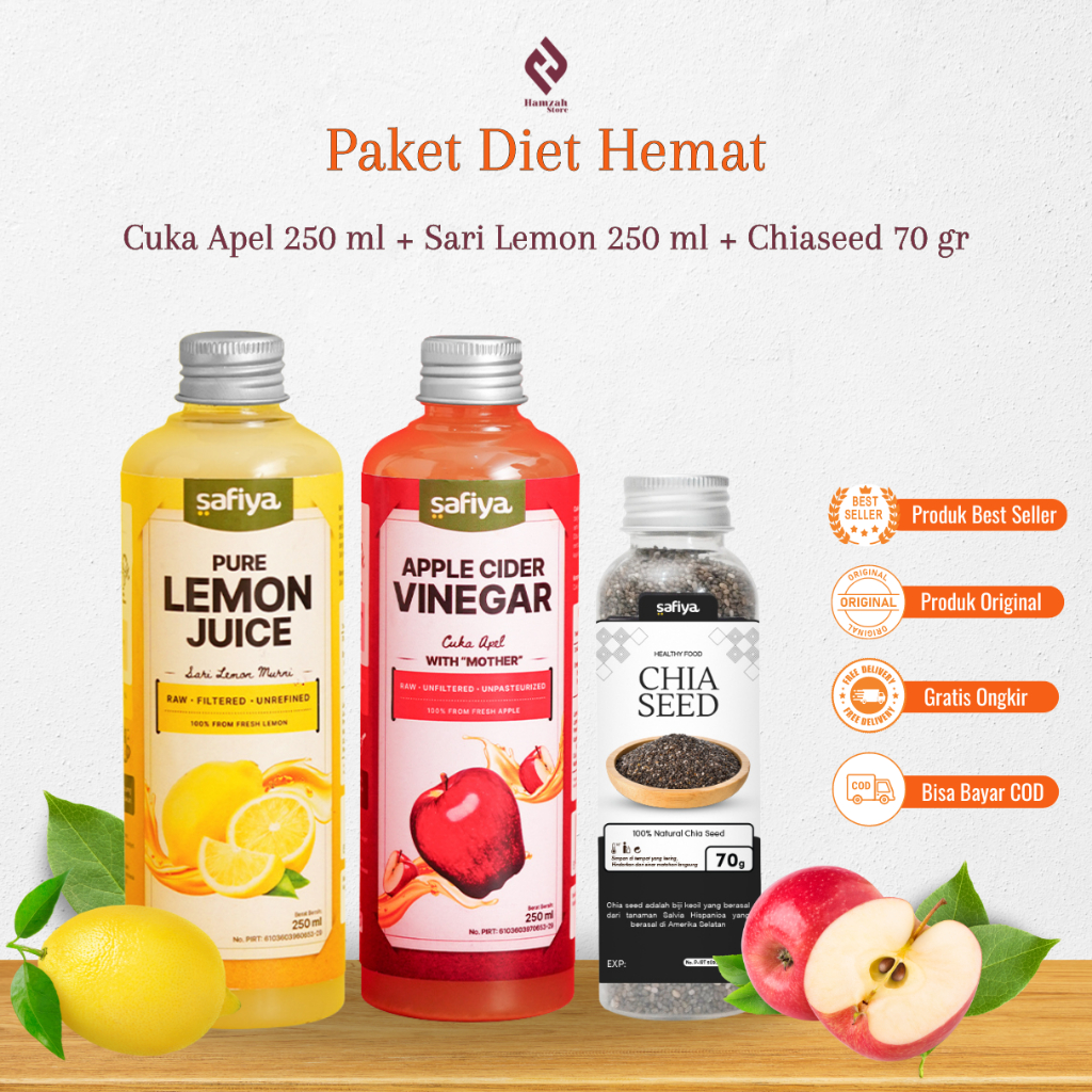 

Paket Diet/Detox 3 In 1 - Sari Lemon 250 ml + Cuka Apel 250 ml + Chiaseed 70 gr