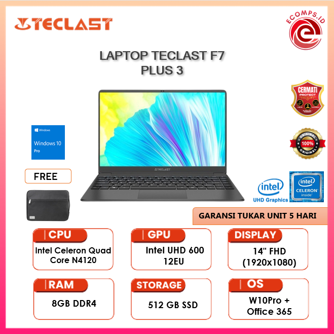 Laptop Teclast F7 Plus 3 N4120 Quadcore Ram 8GB Ssd 512GB W10Pro 14.0"Inch FHD
