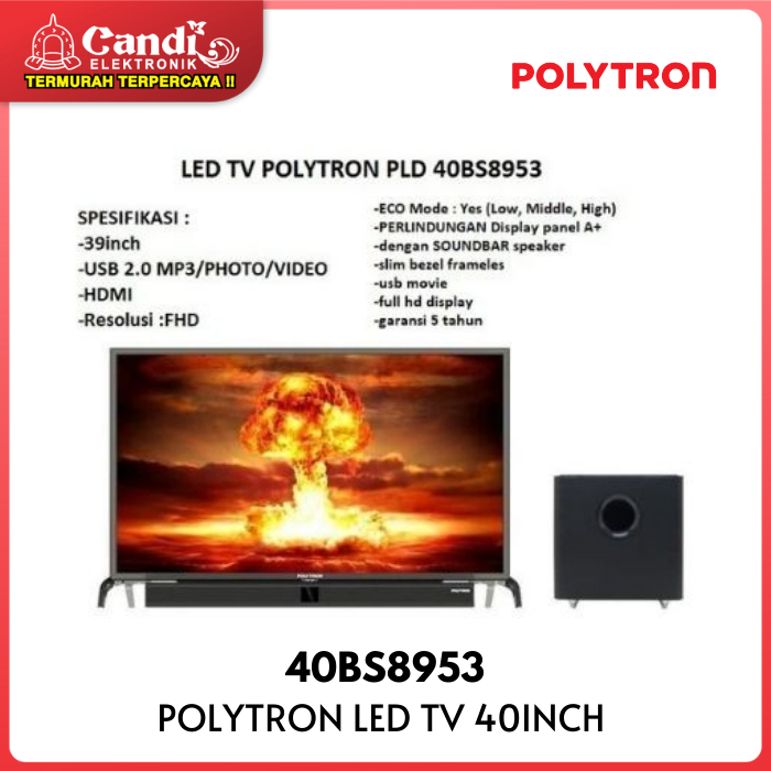 POLYTRON LED TV 40 INCH HDMI FRAMELES SOUNDBAR 40BS8953