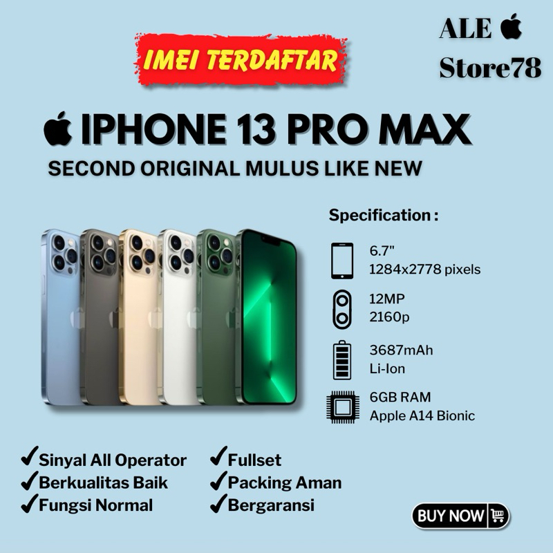 iPhone 13 Pro Max 128GB/256GB/512GB/1TB (IMEI TERDAFTAR) Seken Fullset Mulus