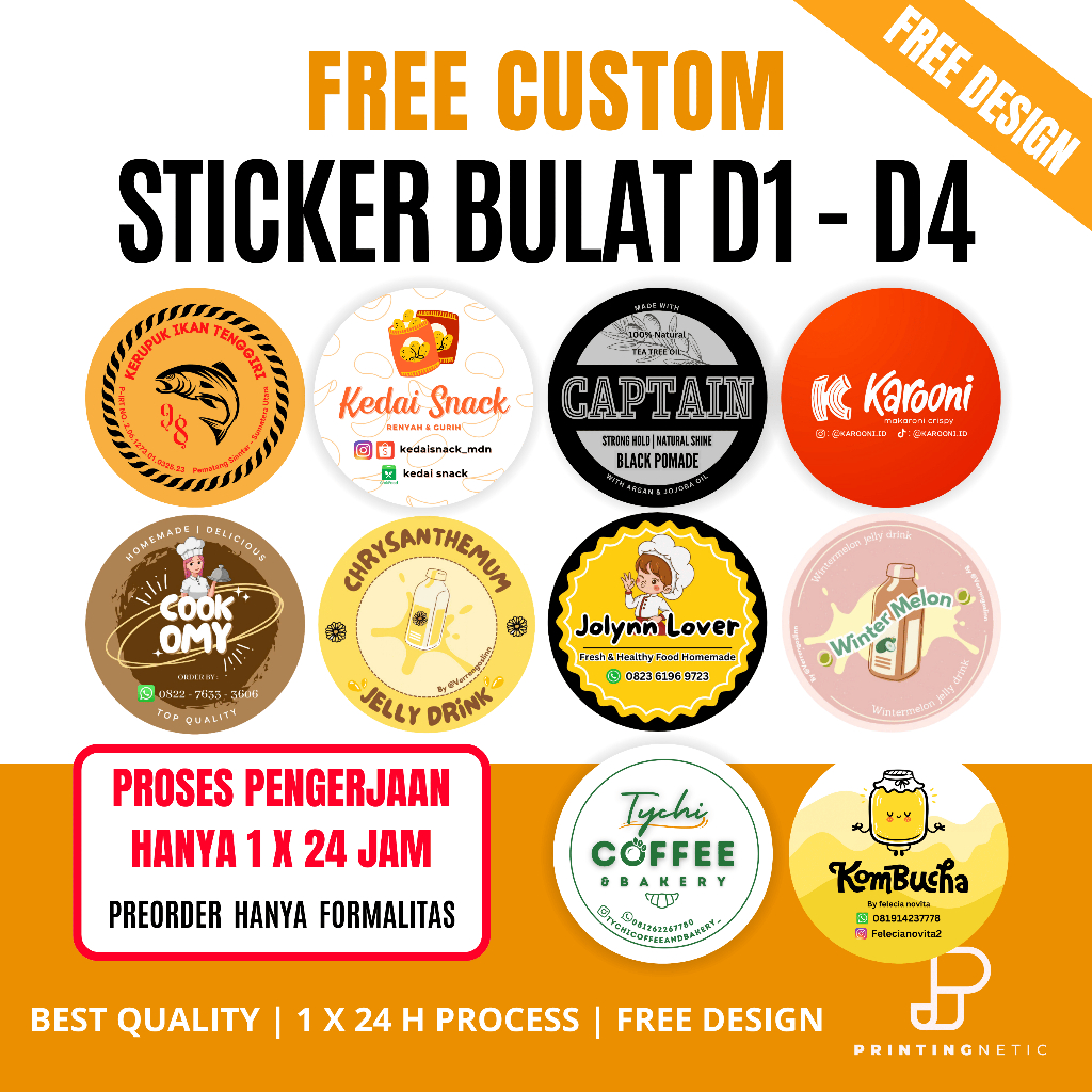 

(FREE DESIGN) Custom Sticker Chromo Bulat Kecil D1 - D4 / Sticker Logo, Makanan, Minuman, Snack, Dll